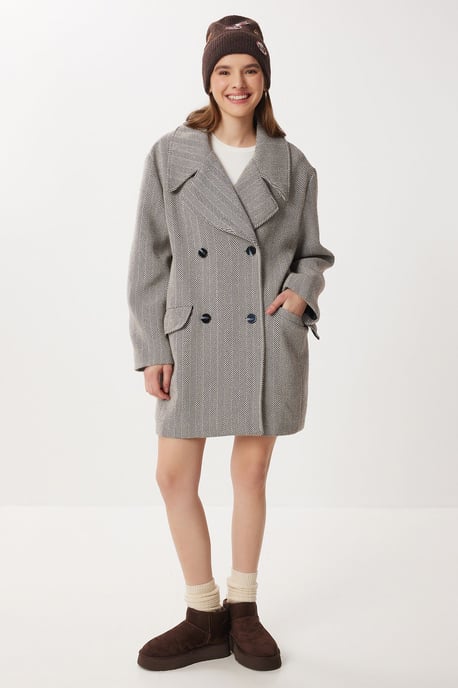 Oversized Haringbone Wol Katoenen Midi Overjas - Image 1