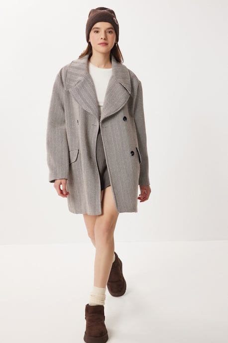 Oversized Haringbone Wol Katoenen Midi Overjas - Image 2