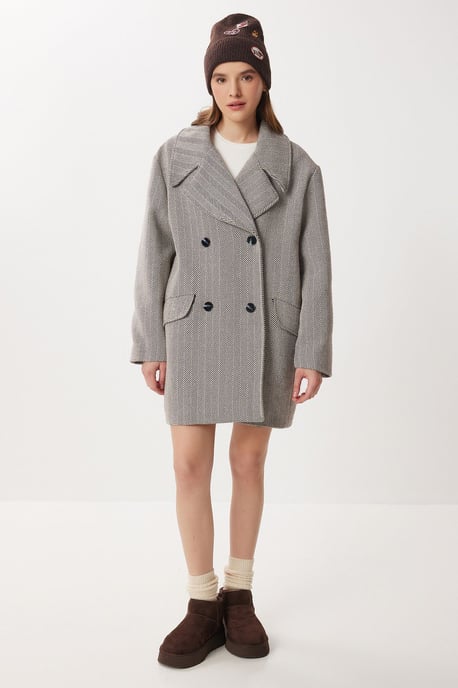 Oversized Haringbone Wol Katoenen Midi Overjas - Image 3
