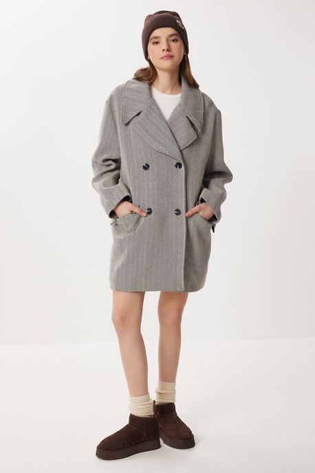 Oversized Haringbone Wol Katoenen Midi Overjas - Image 4