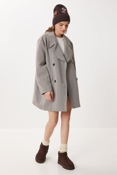 Oversized Haringbone Wol Katoenen Midi Overjas - Image 5