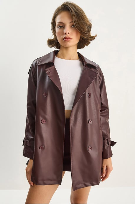 Dubbelgevoerde Faux Leren Trenchcoat - Image 1