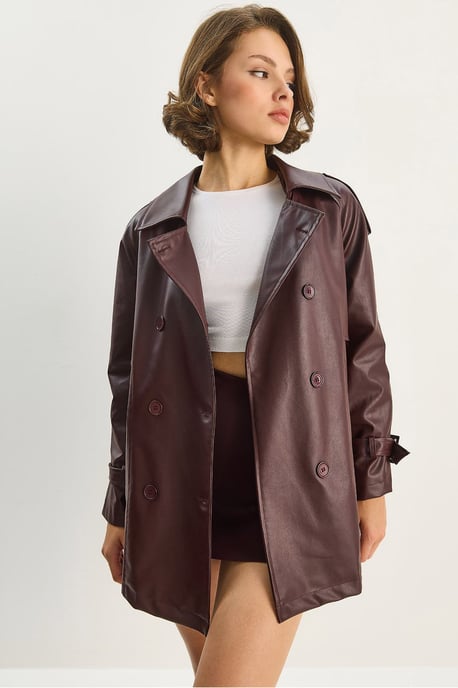 Dubbelgevoerde Faux Leren Trenchcoat - Image 2