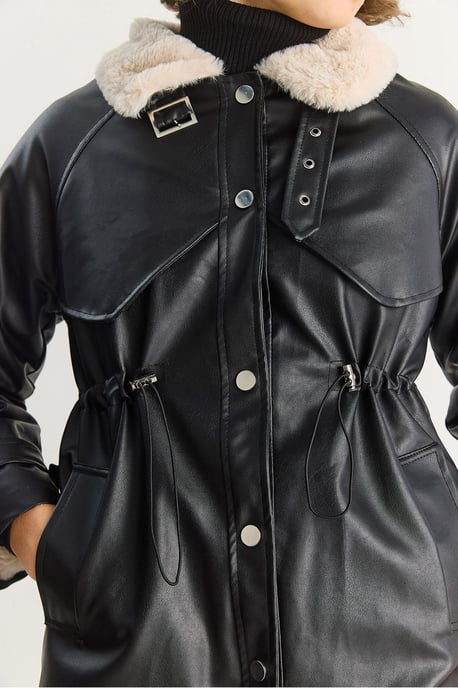 Faux leren jas met nepbontdetail - Image 5