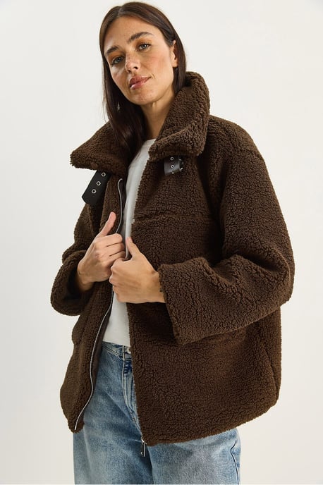 Oversized Pluche Gebreide Puffer Jacket met Rits Sluiting - Image 3