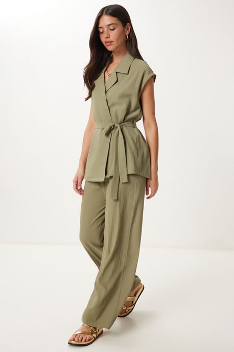 Hoge Taille Twee-delige Set met Kraag en Wijde Pantalons - Image 2