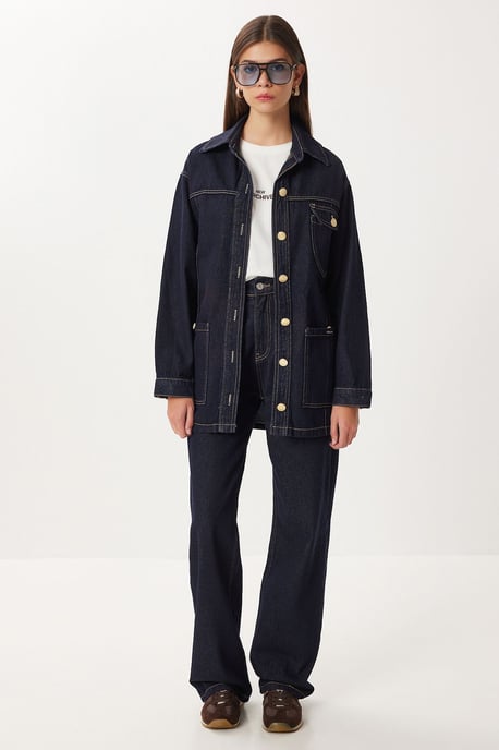 Gecoate Spijkerjack met Taille en Wijde Pantalon Twee-Delige Set - Image 2