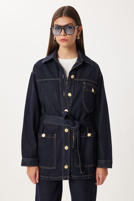 Gecoate Spijkerjack met Taille en Wijde Pantalon Twee-Delige Set - Image 3