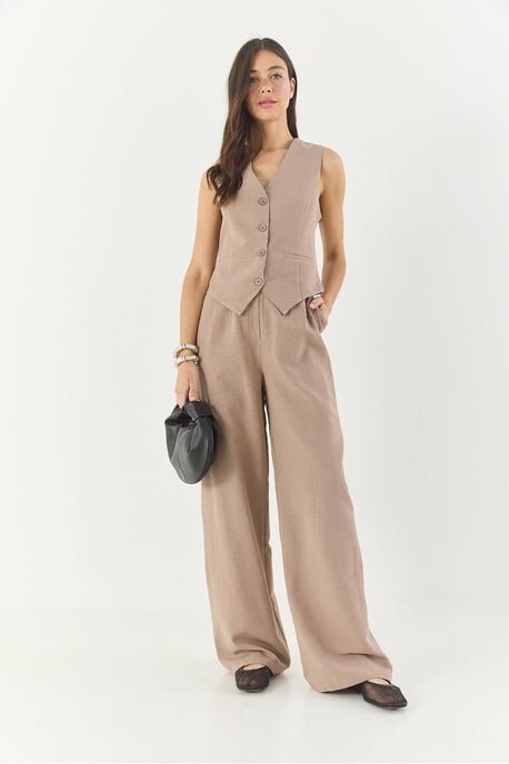 V-hals Vest en Wijde Pantalon Twee-delige Coord Set - Image 2