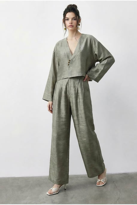 Bloemige V-hals Oversized Kimono en Wijde Pantalon Set - Image 3