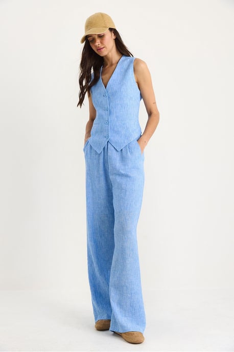 V-hals Vest en Wijde Pantalon Twee-delige Coord Set - Image 4