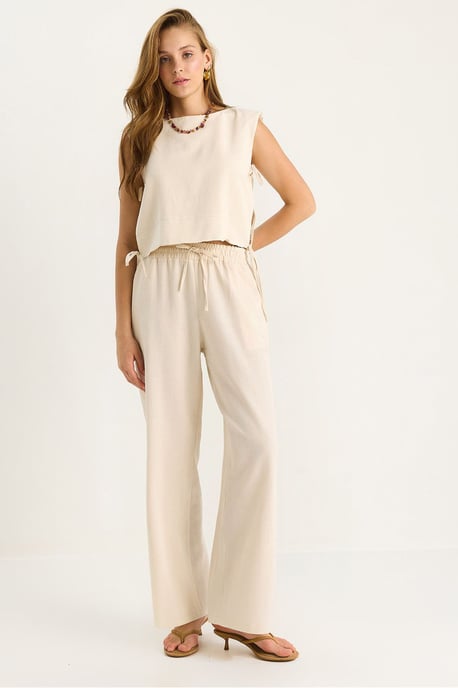 Crew Neck Striksluiting Twee-delige Co-ord Set met Wijde Pantalons - Image 1