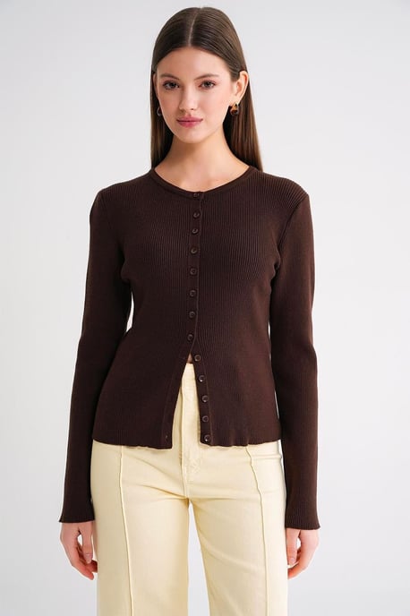 Geknoopte Slim Fit Geribbelde Brei Cardigan - Image 1