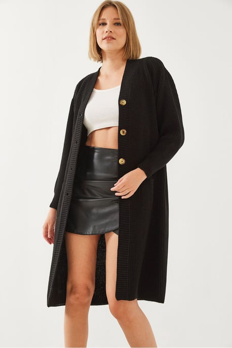 Gestructureerde Lange V-hals Knopen Cardigan - Image 2