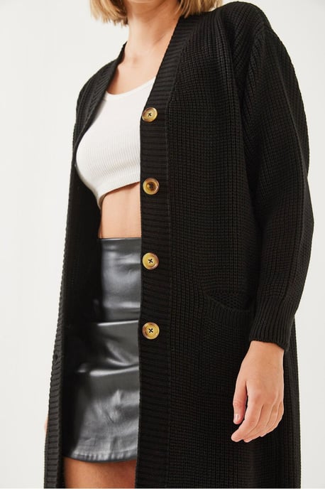 Gestructureerde Lange V-hals Knopen Cardigan - Image 3