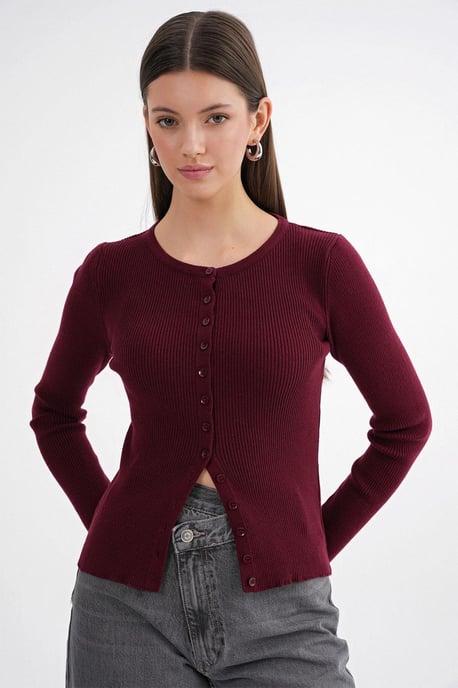 Geknoopte Slim Fit Geribbelde Brei Cardigan - Image 1