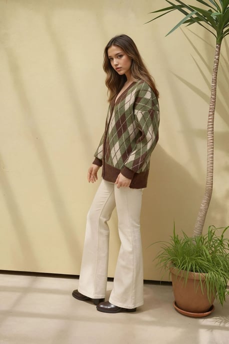 Lange V-hals Geometrische Trui Cardigan met Knopen - Image 5