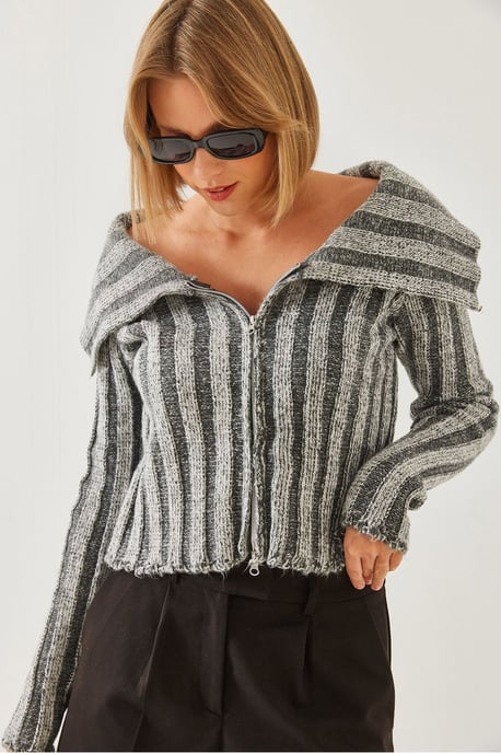 Gestreepte Fitted Crop Cardigan met Capuchon en Rits - Image 1