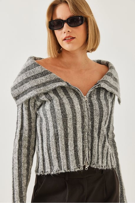 Gestreepte Fitted Crop Cardigan met Capuchon en Rits - Image 2