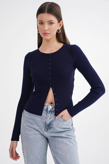 Geknoopte Slim Fit Geribbelde Brei Cardigan - Image 1