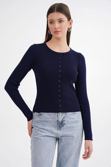 Geknoopte Slim Fit Geribbelde Brei Cardigan - Image 4