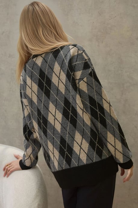 Lange V-hals Geometrische Gebreide Cardigan met Knopen - Image 2
