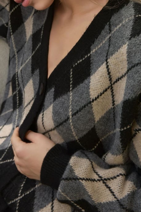 Lange V-hals Geometrische Gebreide Cardigan met Knopen - Image 4