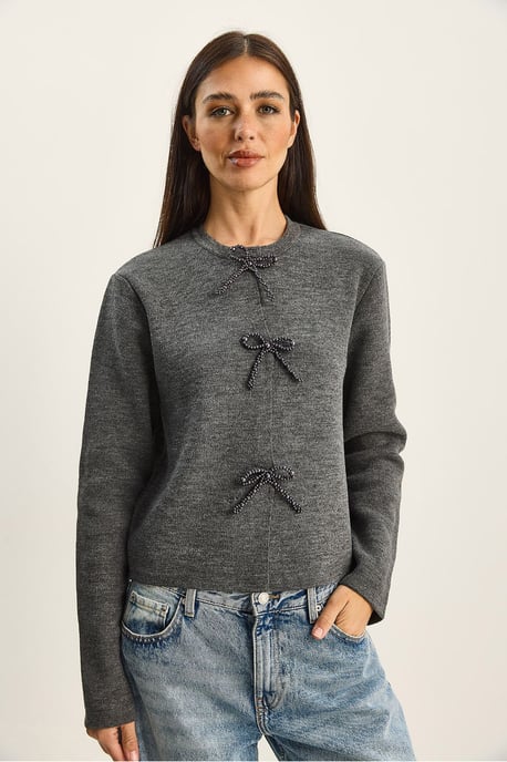 Ronde Hals Gebreide Cardigan met Strikdetail - Image 2