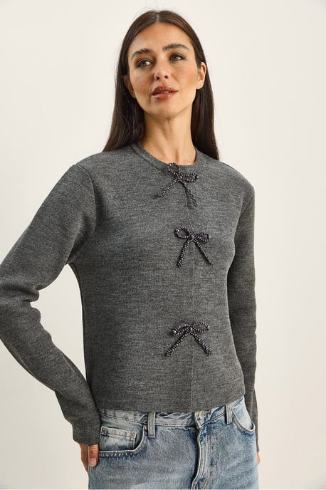 Ronde Hals Gebreide Cardigan met Strikdetail - Image 3