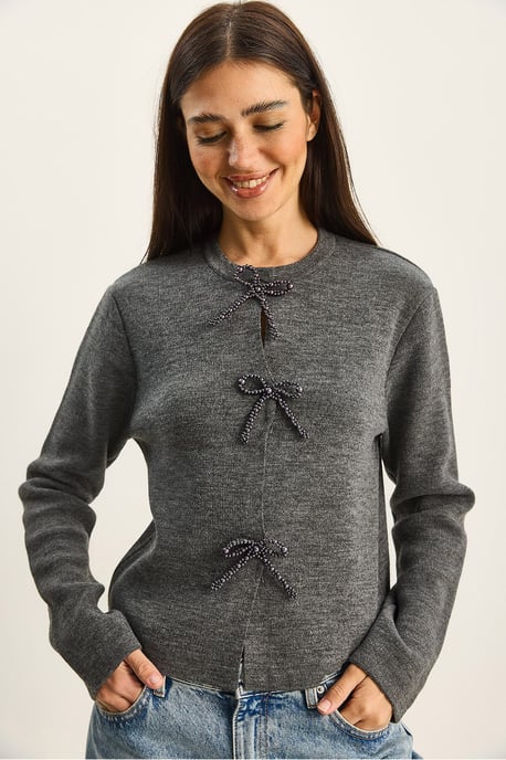 Ronde Hals Gebreide Cardigan met Strikdetail - Image 4