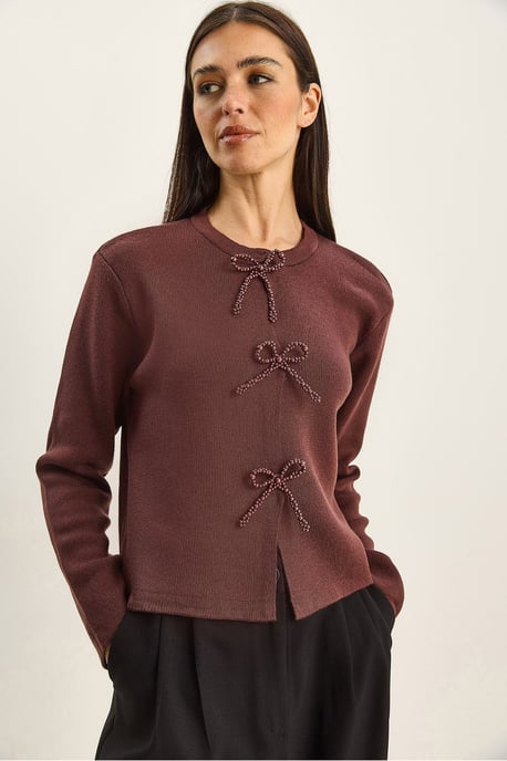 Kraagloze Gebreide Cardigan met Strikdetail - Image 1