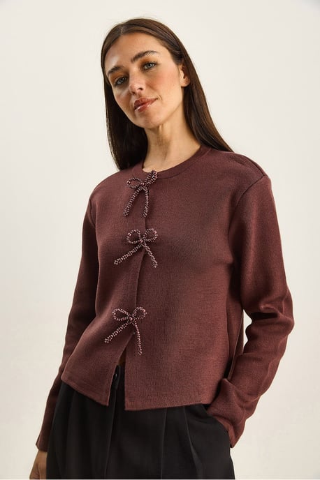 Kraagloze Gebreide Cardigan met Strikdetail - Image 2