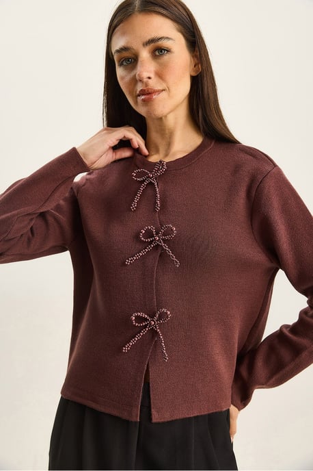 Kraagloze Gebreide Cardigan met Strikdetail - Image 3