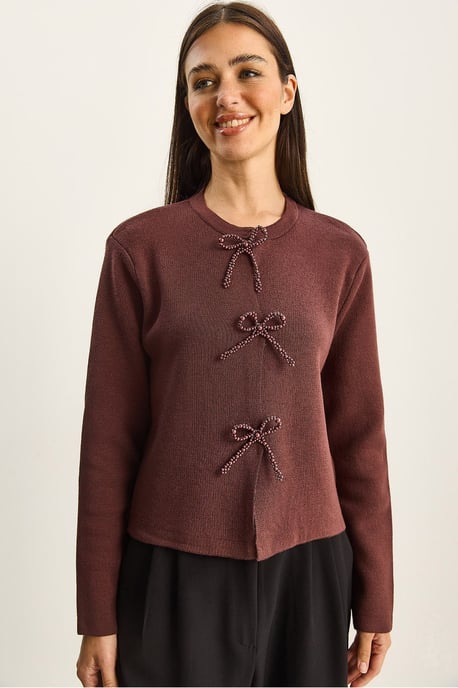 Kraagloze Gebreide Cardigan met Strikdetail - Image 4