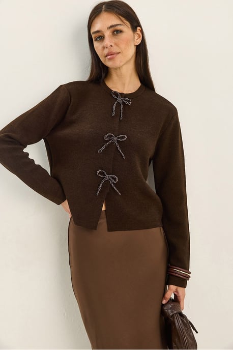 Ronde Hals Gebreide Cardigan met Strikdetail - Image 1