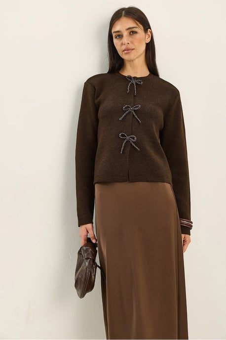 Ronde Hals Gebreide Cardigan met Strikdetail - Image 3