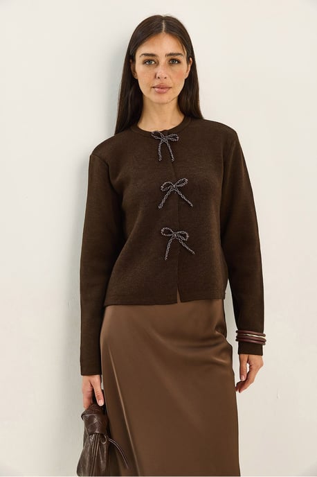 Ronde Hals Gebreide Cardigan met Strikdetail - Image 4