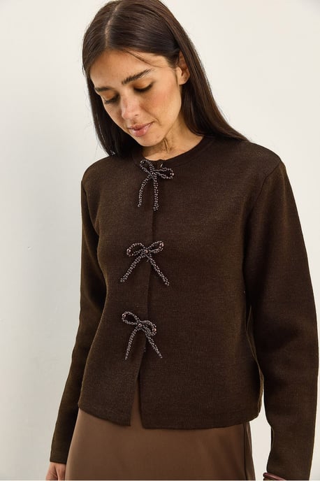 Ronde Hals Gebreide Cardigan met Strikdetail - Image 5