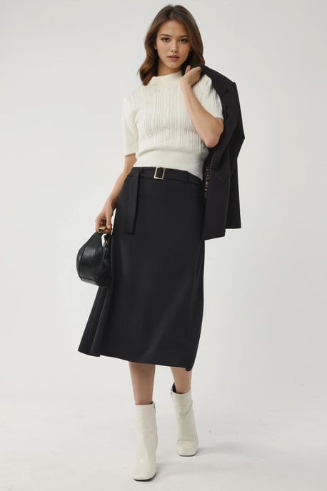 Hoge Taille Midi Rok met Gebogen Detail - Image 5
