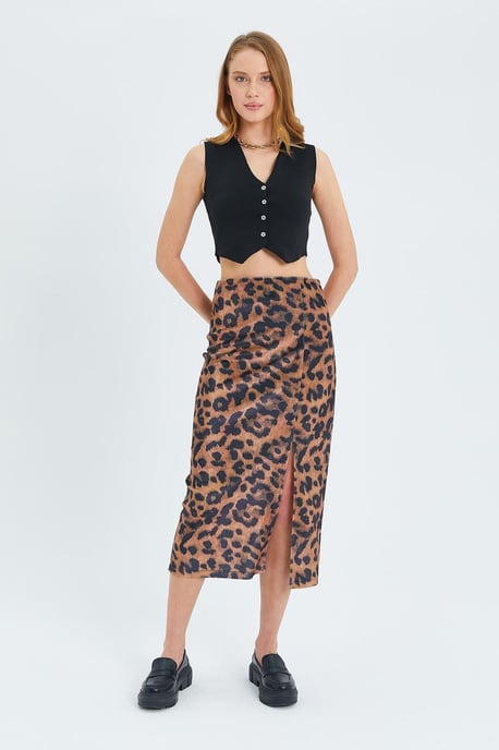 Leopardprint Hoge Taille Midi Rok met Split - Image 1