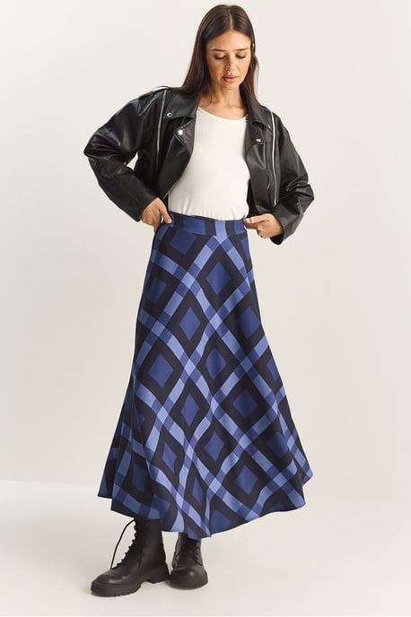 Hoge Taille Midi Rok in Geruit Patroon - Image 1