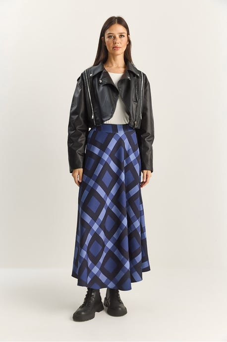 Hoge Taille Midi Rok in Geruit Patroon - Image 2