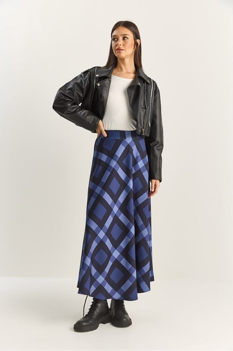 Hoge Taille Midi Rok in Geruit Patroon - Image 3