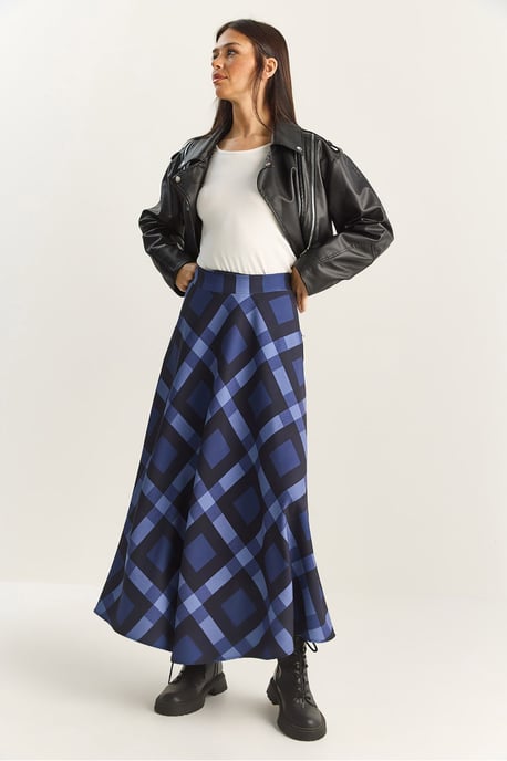 Hoge Taille Midi Rok in Geruit Patroon - Image 4