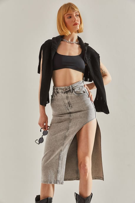 Hooggetailleerde Midi Denim Rok met Splits - Image 3