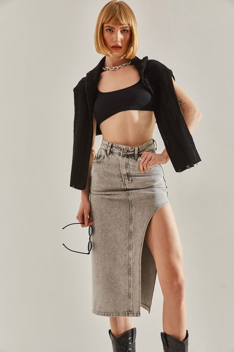 Hooggetailleerde Midi Denim Rok met Splits - Image 4