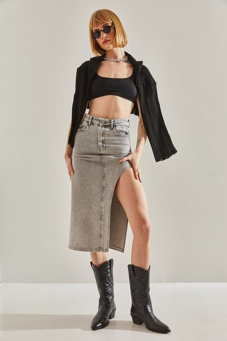Hooggetailleerde Midi Denim Rok met Splits - Image 5