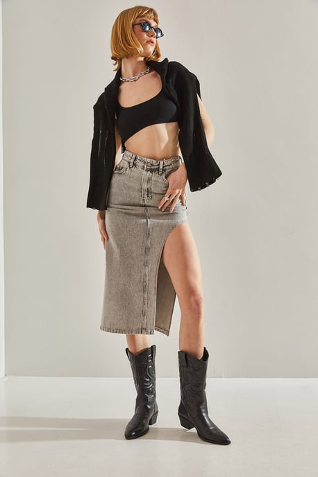 Hooggetailleerde Midi Denim Rok met Splits - Image 6