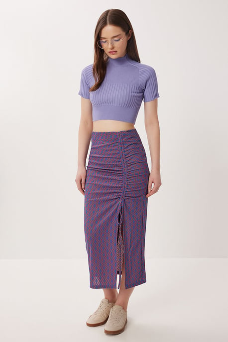 Hoge taille geometrische print midi bodycon rok met split - Image 1