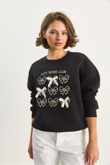 Geribbelde Bedrukte Ronde Hals Lange Mouwen Sweatshirt - Image 2